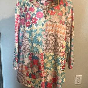 Allison Daley Patchwork Floral Tunic in Teal, Pink, Red, Cream